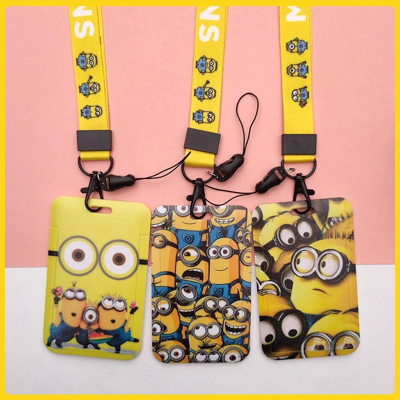 Minion tempat kartu Lanyard Minion liontin alat tulis siswa tempat kartu gantungan kunci Bob Stuart Kevin casing kartu Id mainan tokoh Anime