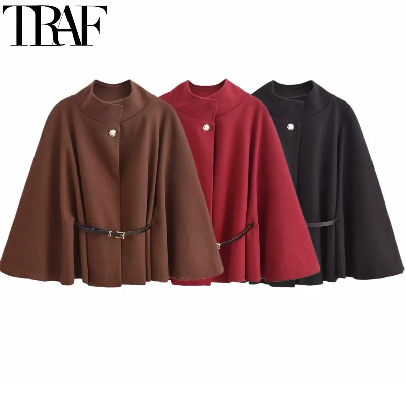 

TRAF Short Cape Coat Women Faux Wool & Blends Coats For Woman Spring Long Sleeve Cloak Jacket Belt Burgundy Brown Black Coat