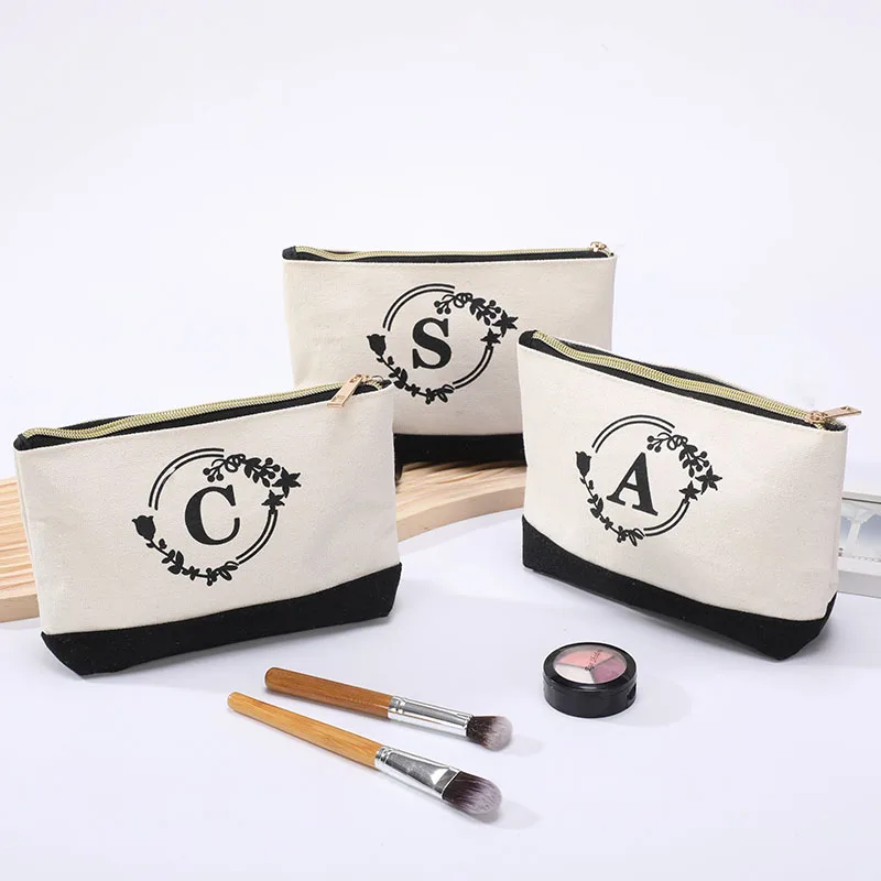 Portable cosmetic bag black and white color collision splicing organizer waterproof circle letter printing zipper coin purse