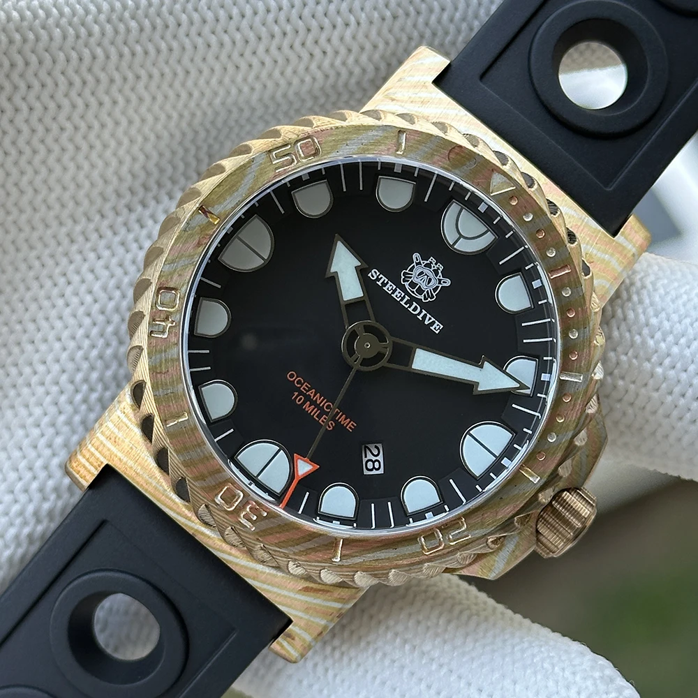 STEELDIVE Herren-Automatikuhr Timascus Gehäuse und Lünette, mechanische Armbanduhr, Deep Diving, 10.000 m wasserdicht, leuchtender Saphir NH35