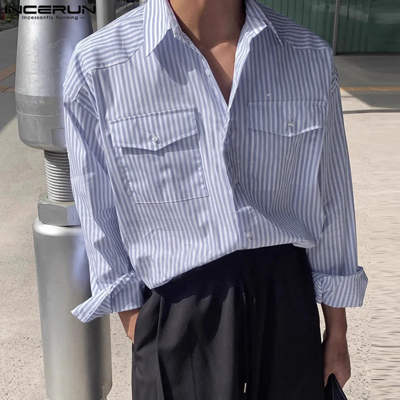 

INCERUN Tops 2024 Korean Style Fashion Men's Striped Double Pocket Shirts Casual Streetwear Male Long Sleeved Lapel Blouse S-5XL