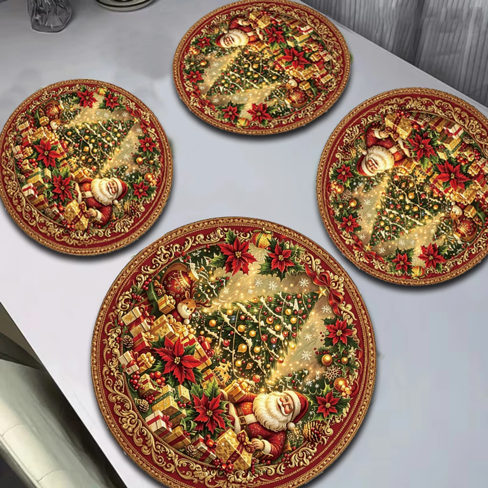 Vintage Santa Claus Christmas Tree Placemat Holly Berry Reindeer Snowflake Table Mat For Christmas Holiday Dinner Table Decor