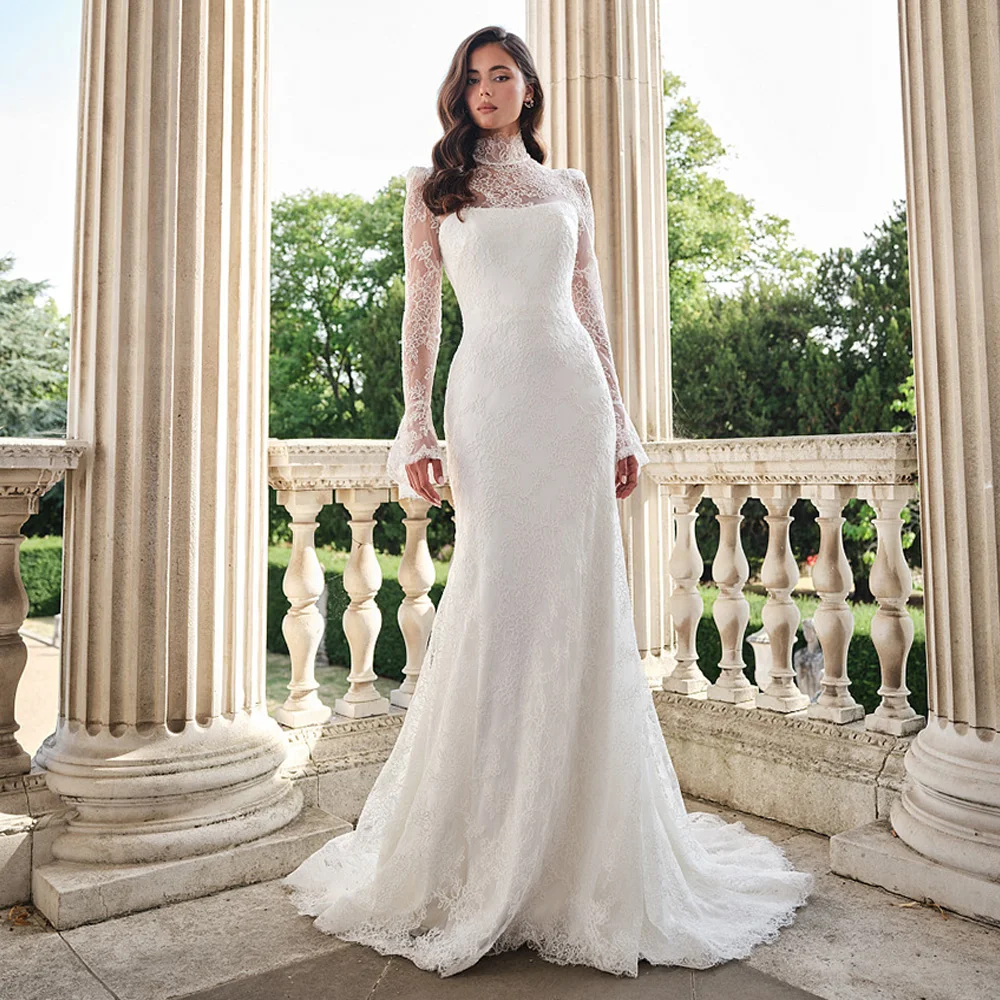 Abiti da sposa moderni a sirena in pizzo personalizzati collo alto maniche lunghe Sweep Train abito da sposa arabo Vestido Noiva
