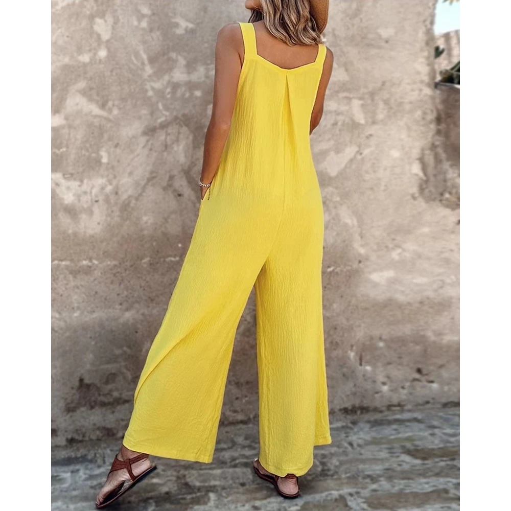 Women Adjustable Strap Pocket Design Outfit Solid Suspender Jumpsuits Summer Casual Ruched Wide Leg Jumpsuit Korean Clothing