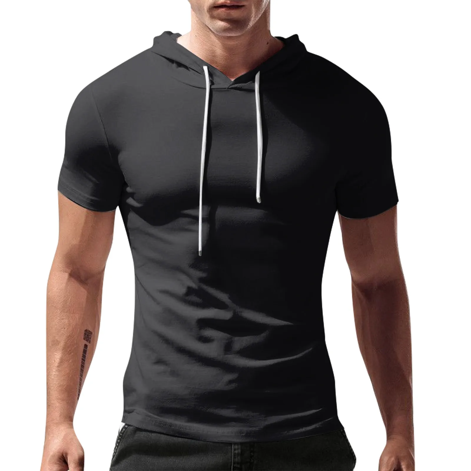 Short Sleeve T-shirt Men\'s Hoods Casual Loose Summer New Solid Color Stitching Top Tee Men\'S T-Shirt Loose Casual Sweatshirt