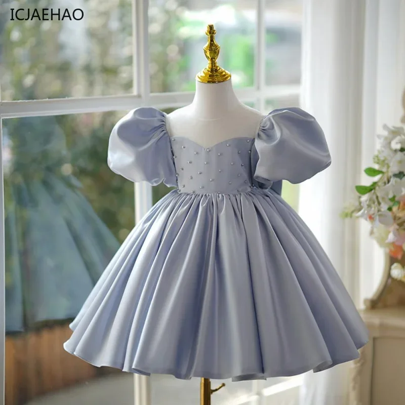 

2025 Sweet Style Princess Children Clothing Baby Cute Pearl Gown Puff Sleeve Party Dresses for Girls Holiday Matching