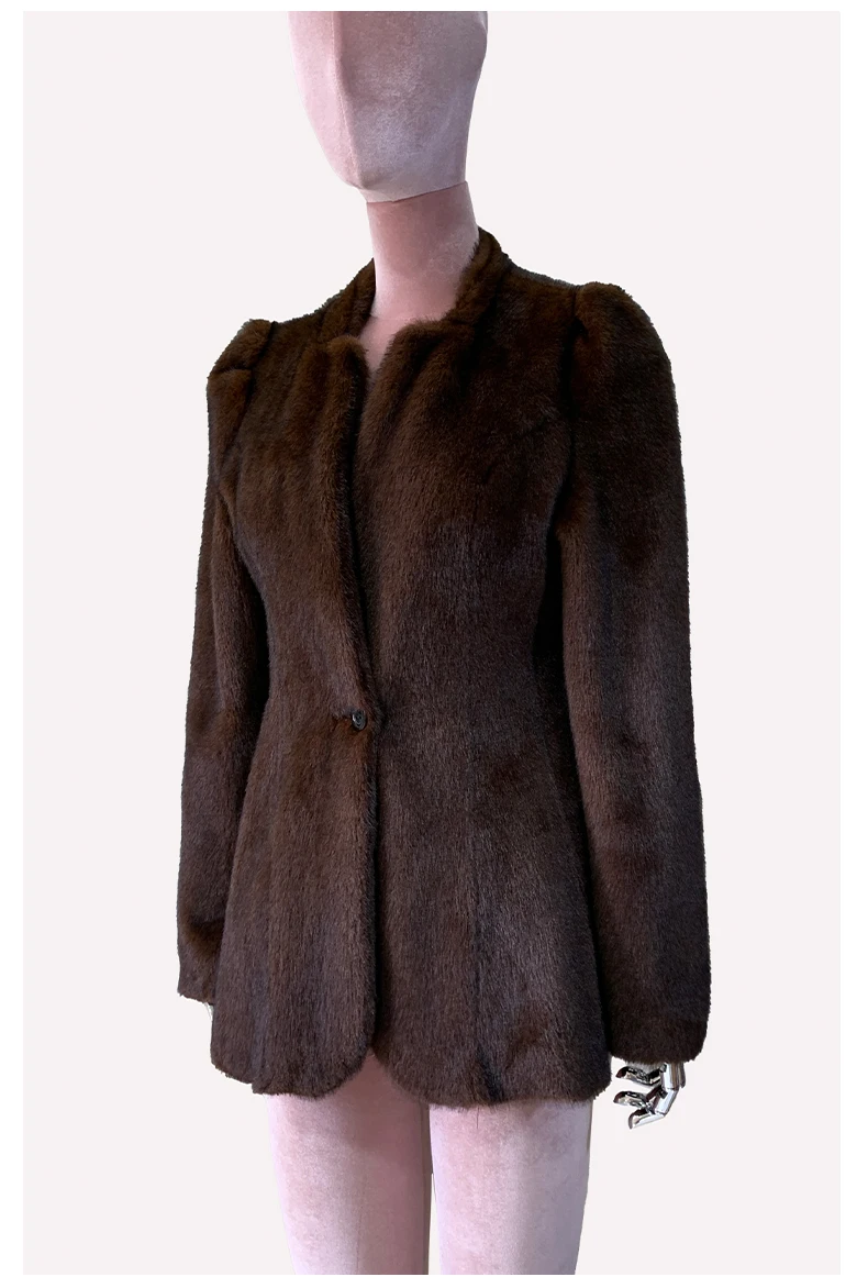 Nerazzurri Winter Short Brown Thick Warm Soft Fitted Faux Mink Fur Coat Women Single Button Elegant Luxury Chic Fluffy Jacket