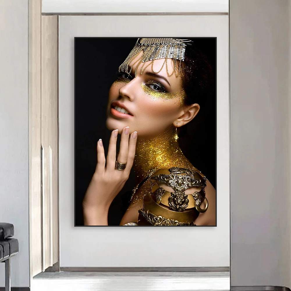 Golden Flower Head Woman Poster Nordic Art Prints Beatiful Woman Print Fashion Lady Canvas Painting Living Room Decoration