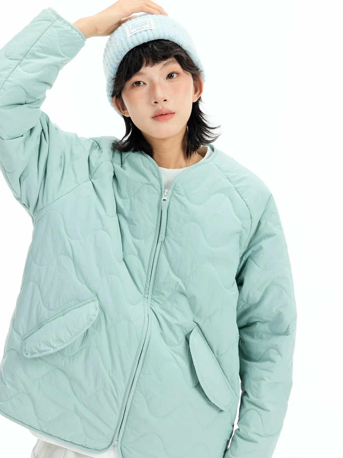 

ort Повседневная женская хлопковая куртка Jaet мятного цвета oulder Sve Insert Hairy Claw Line Свободный крой круглый Ne Молния Чистый цвет