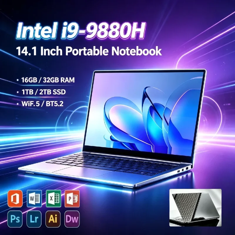 Intel i9 9880H 14.1 Inch Laptop 2.3GHz 4.8GHz Max 32GB RAM 2TB SSD 1920x1080 Ultra Slim Gaming Notebook Office Pro