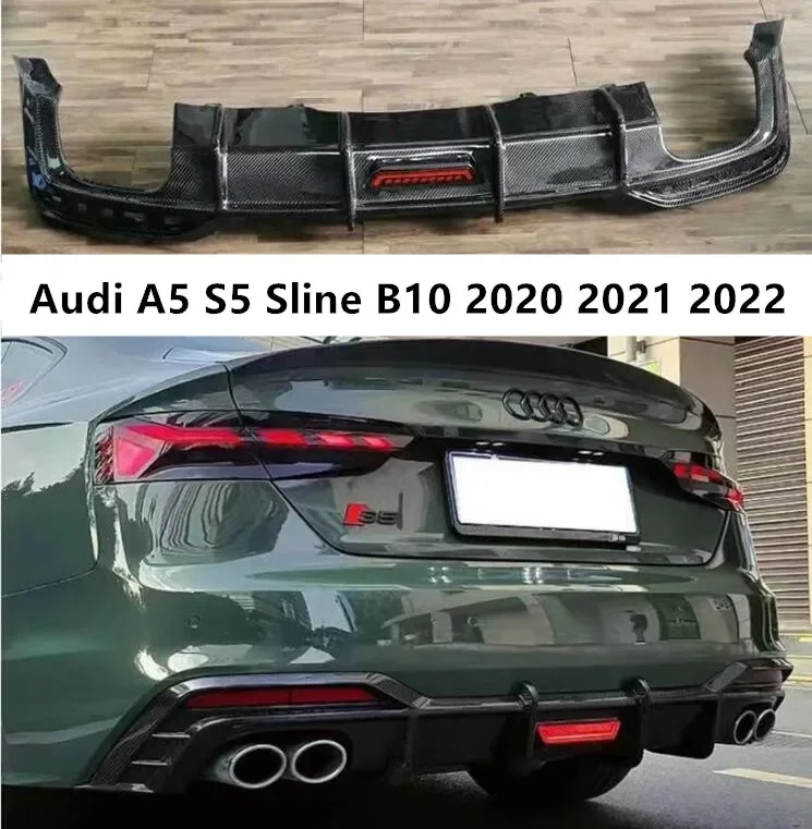 Rear Bumper Diffuser For Audi A5 S5 Sline B10 2020 2021 2022 Trunk Door Lip Spoiler Carbon Fiber(With LED Light )