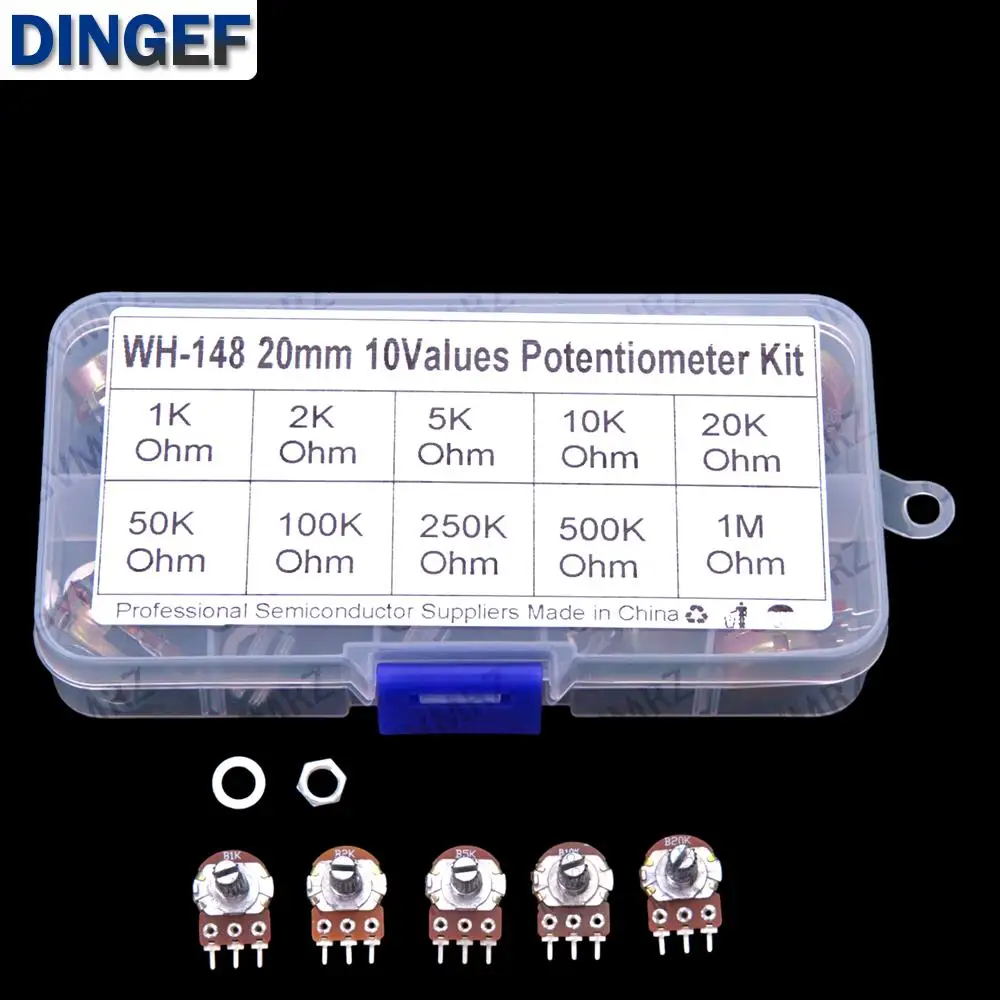 

10Values WH148 Adjustable Potentiometer Single-Pole 3Pin 50K 100K 500K 1M Handle 20MM 1K 2K 5K 10K