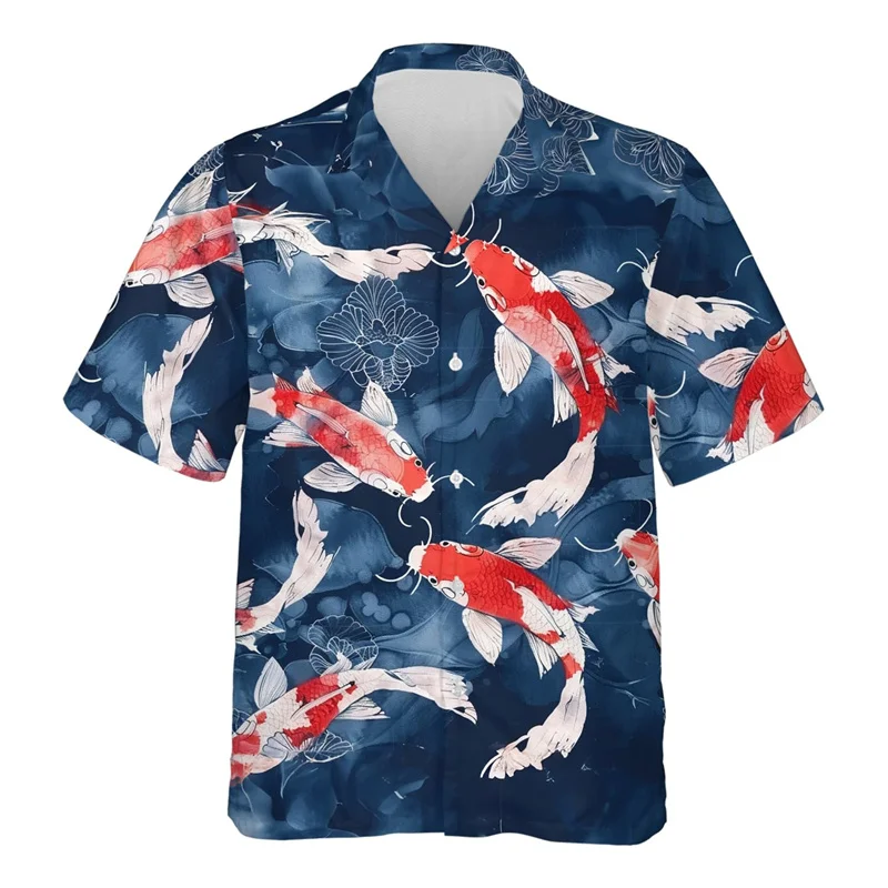 3D Printed Koi Fish Hawaiian Shirt For Men Good Luck Animal Pattern Blouses Summer Street Aloha Shirts Lapel Tops Short Sleeves