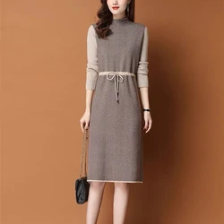 Office Lady Elegant Drawstring Knitted Slim Dress Winter Thick Long Sleeve Solid Comfortable Simple Fashion Dresses