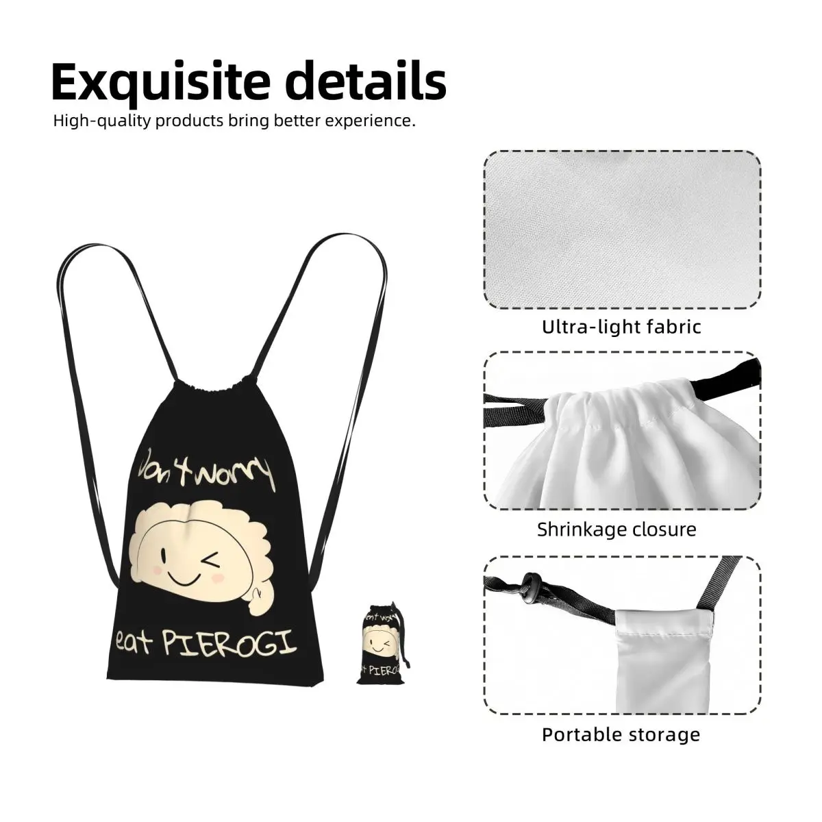 Don't Worry Eat PIEROGI Drawstring Backpack hiking cycling Bag Lightweight Foldable Storage Drawstring Bag for Men Women