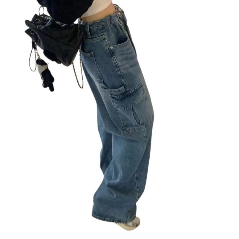 Drawstring Large Pocket Neutral Loose Overalls Denim Wide-leg Pants