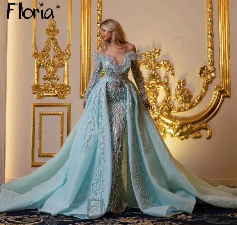 Precioso vestido de noche turquesa 2 en 1 con cuentas y tren desmontable para mujer, vestidos de fiesta de boda hechos a medida, cena de noche, graduación, 2024