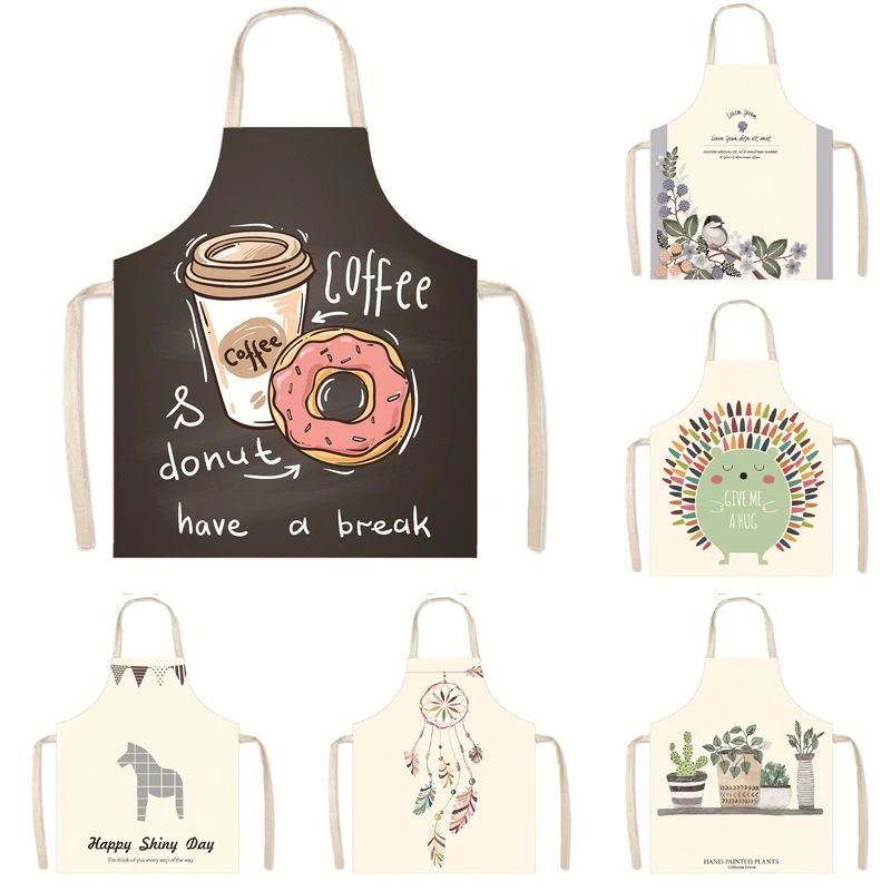 Cartoon Green Plant Animal Cotton Linen Apron Kitchen Home Cooking Waist Bib Children Sleeveless Hanger Neck
