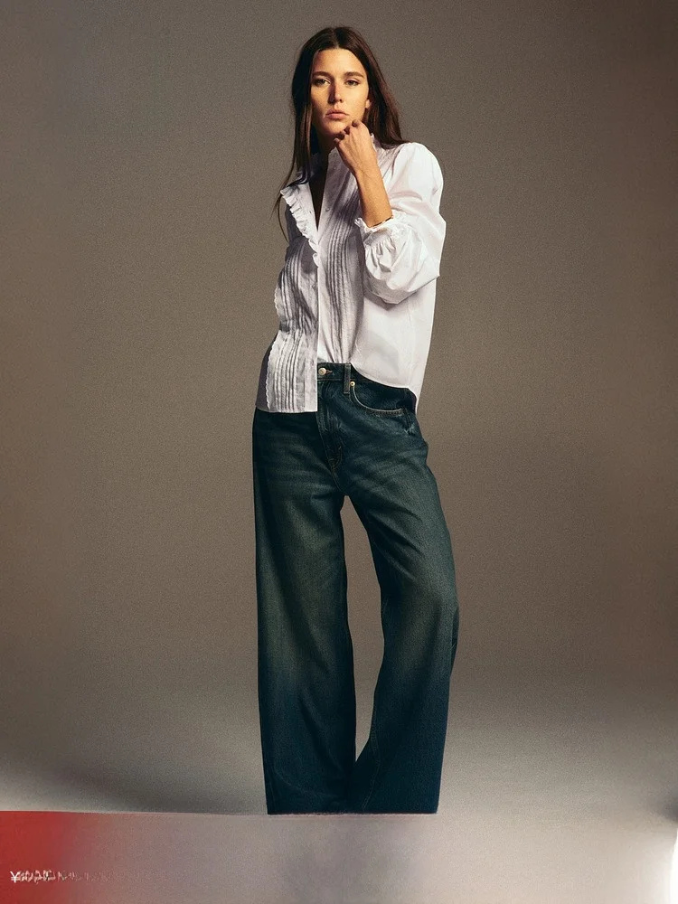 

Spring New Women's Cotton irt Fine Pleats Casual Sle Long Sve Button up Stand Collar Regular Thin H&M 32098