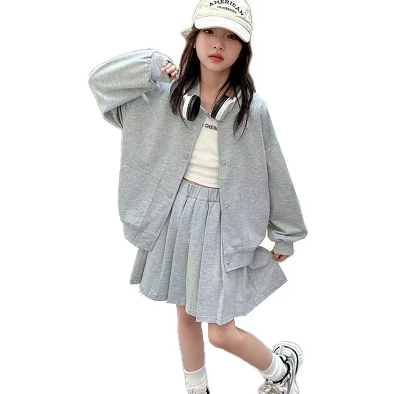 Teen Girls Elegant Suit Jacket with Pleated Midi Skirt Baseball Uniform Set Kids Cotton Sports Clothes 2pcs JK Outfits Set 5-14T
