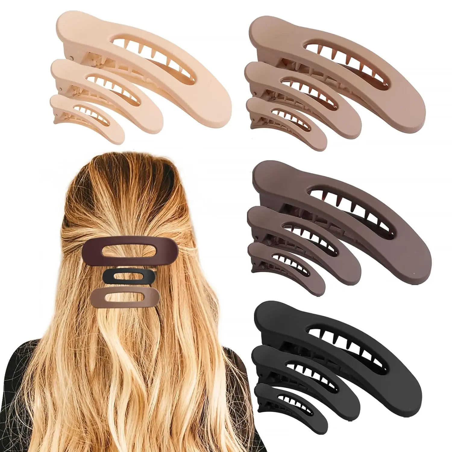 12PCS Flat Hair Clips, Brown Flat Claw Clips for Thin Hair, Matte Lay Down Claw Clips for Women, 3 Sizes Alligator Hair Clips, S