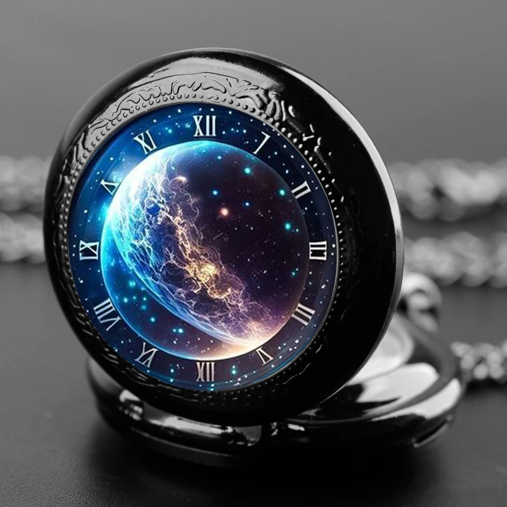 Kreative Sternenhimmel und Mond Quarz-Taschenuhr für Damen und Herren, schwarze Halskette, einzigartige Anhängeruhr, Kettenuhr, Geschenkzubehör