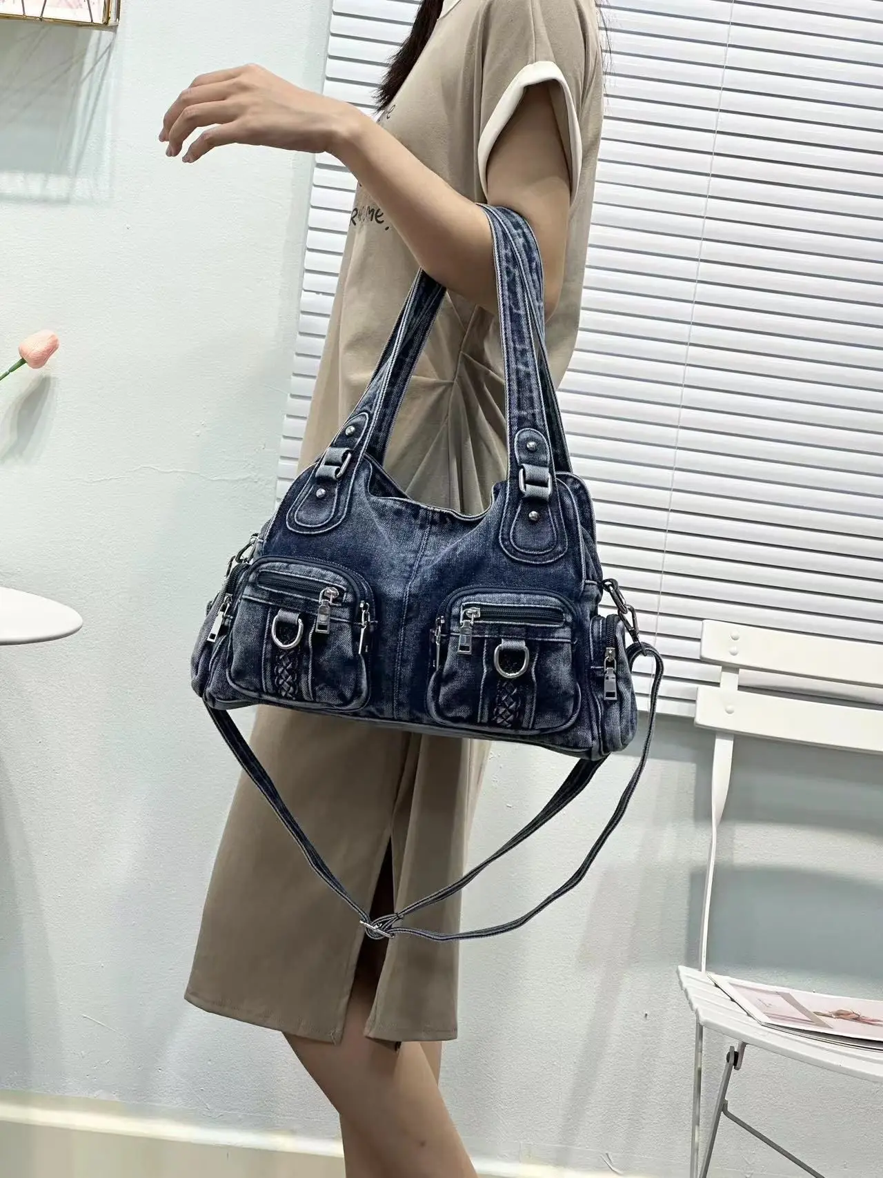 Nowość w modzie Denim damska torba na ramię dżinsy splot nit torba materiałowa i torebki torba Hobo kieszenie torebka typu crossbody — zdjęcie 2