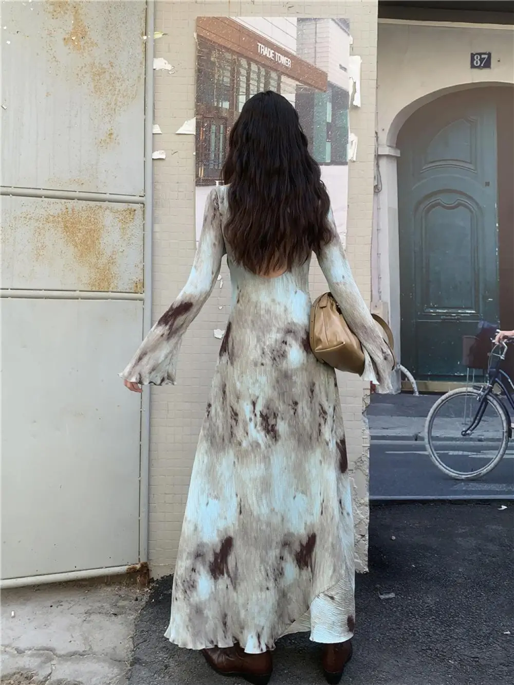 Women Tie-dye Long Dresses Elegant Flare Sleeves Maxi Dress O-Neck Backless A-Line Vestidos Spring Robes for Lady Streetwear