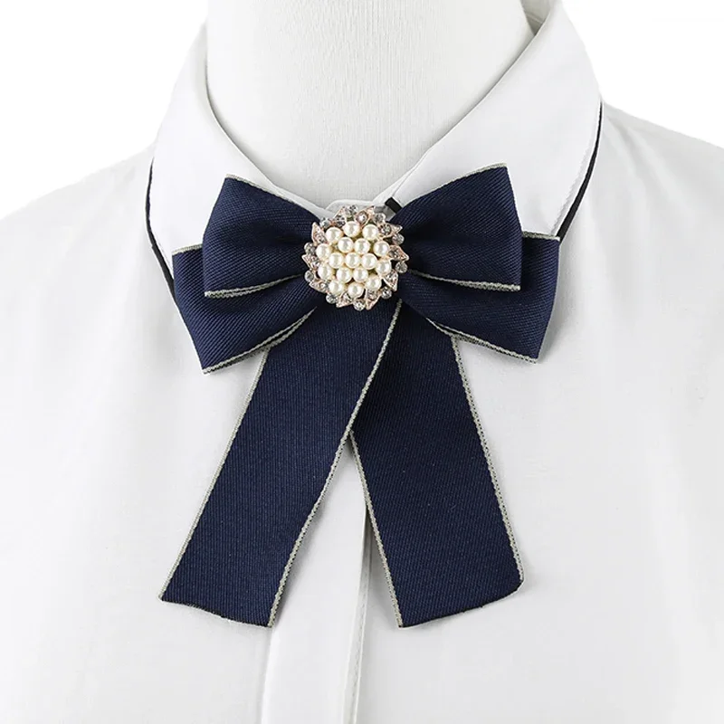 

British Handmade Bow Tie Brooch Korean Fashion Women's Bank Hotel College Style Shirt Accessories Crystal Pearl Collar Flower