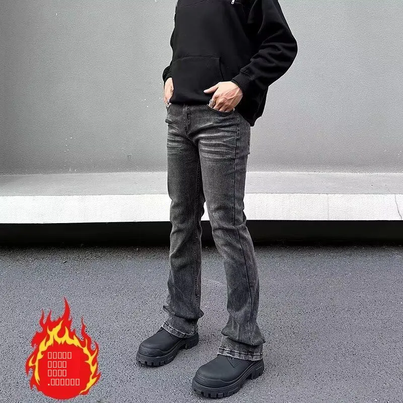 

Thiened Fce adient American Retro Straight Leg Jeans Men's Accumulation Sense Vintage Slimming Micro Flare Pants