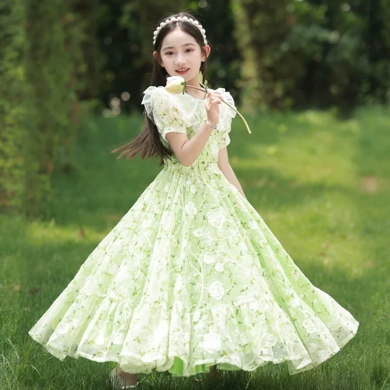 Vestido Floral para Meninas 2026 com Mangas Bufantes em Tule, Vestido A-line para Festas de Aniversário de Verão e Férias, Vestido de Princesa em Chif