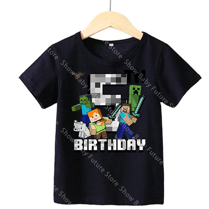 Милая черная футболка с круглым вырезом и принтом Minecraft для девочек, летняя студенческая одежда с коротким рукавом, подарок на день рождения, аниме-стиль