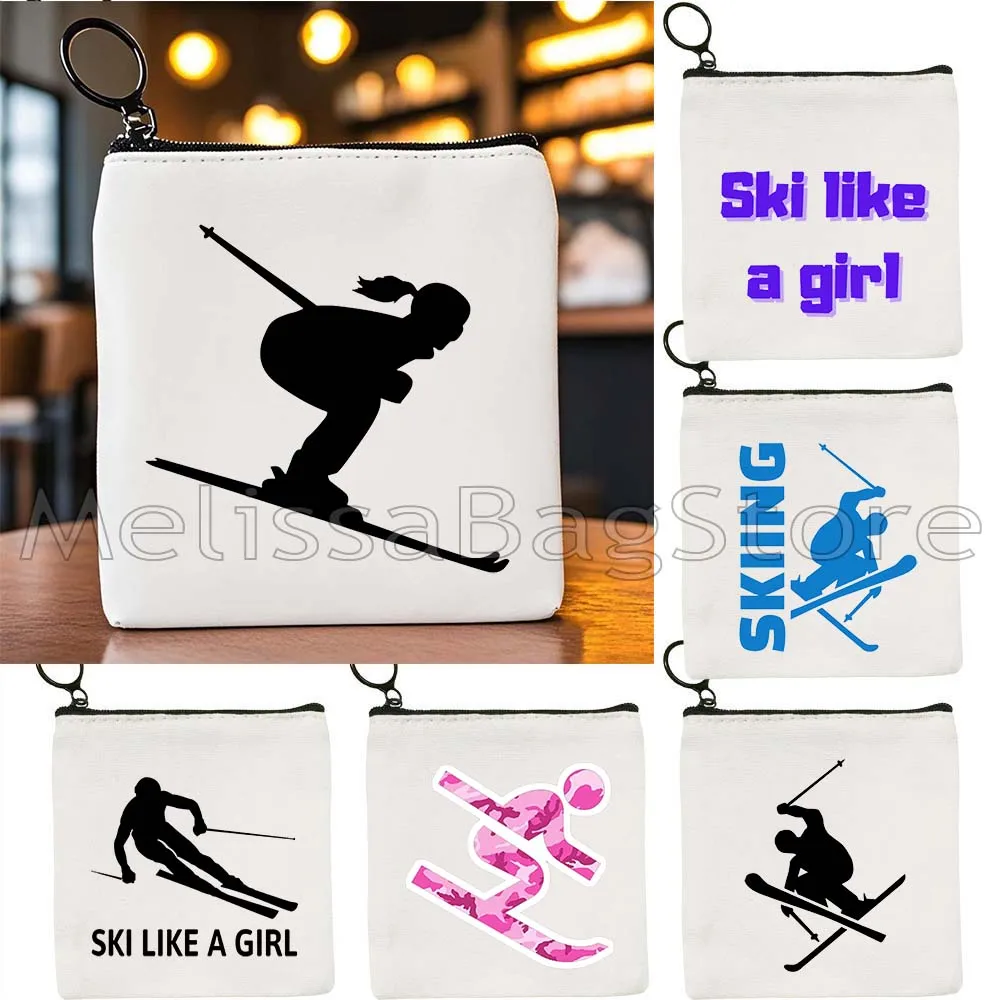 Colorful Ski Like A Girl Tote Bag Mountain Skiing Lover Snowboard Cute Ski Jumper Canvas Key Coin Purse Cute Bag Wallet Pouch