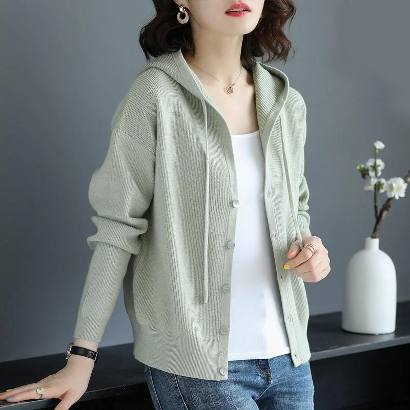 

Women's Knitted Cardigan Spring Autumn New Style Solid Color Hooded Sweater Coat Loose Casual Versatile Single Breasted Top