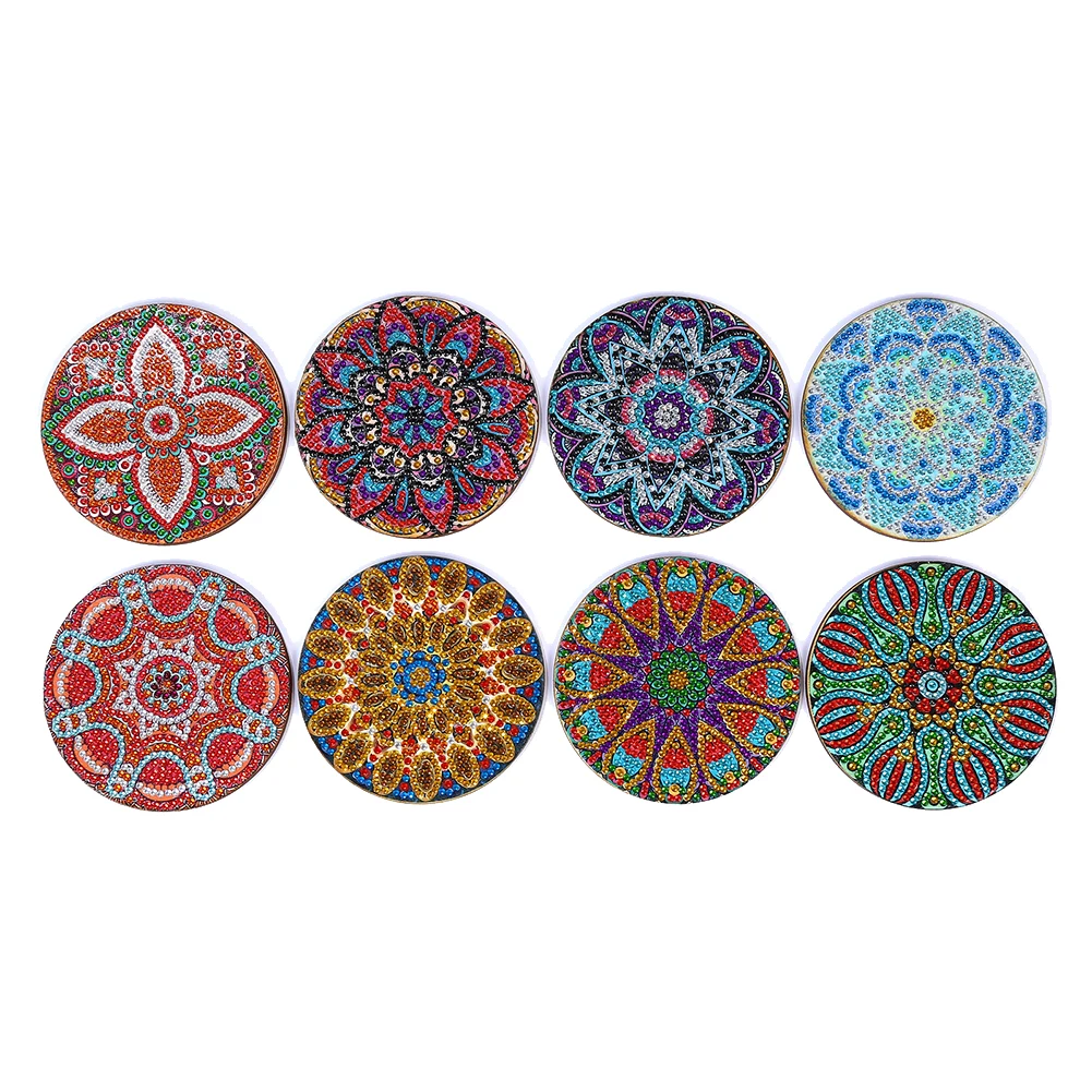 8PCS/Set Mandala DIY Diamond Painting Coaster Rhinestones Embroidery Coaster Cup Cushion with Rack Table Placemat Cup Mat Pad