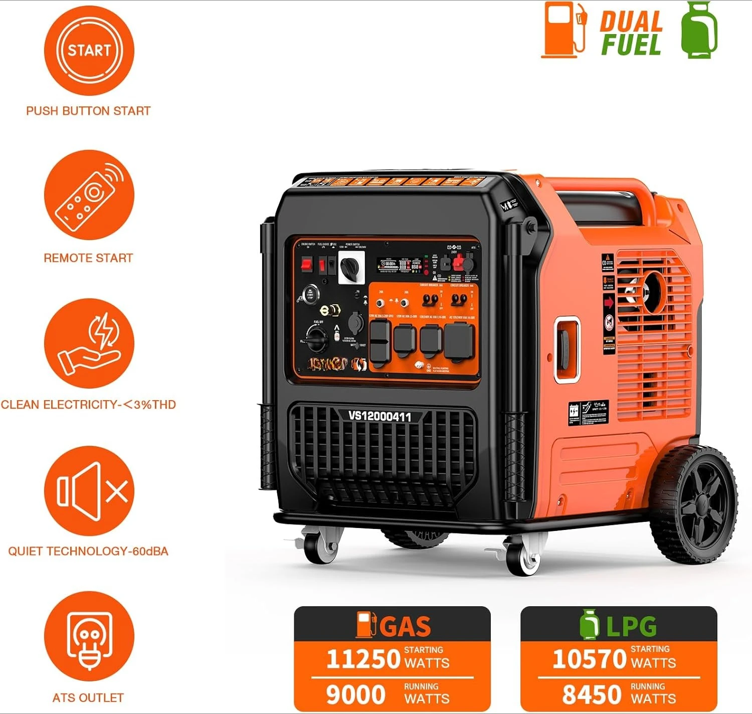 

11250 Wattages Dual Fuel Portable Inverter Generator Super Quiet Gas Propane Powered Remote/Electric Start Outdoor Generator