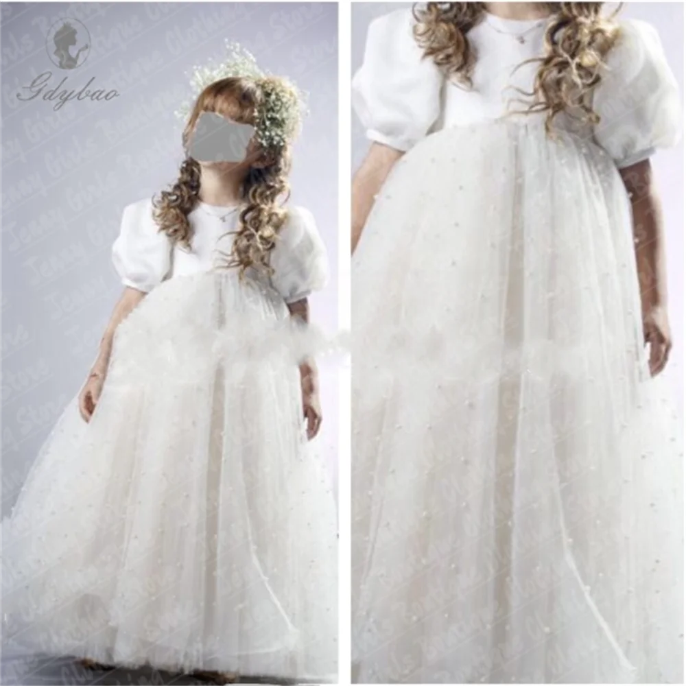 Custom little Girl Wedding Dress Puffy Sleeves White Pearl Embellishment Suitable For Birthdays Formal Events Holiday Feasts