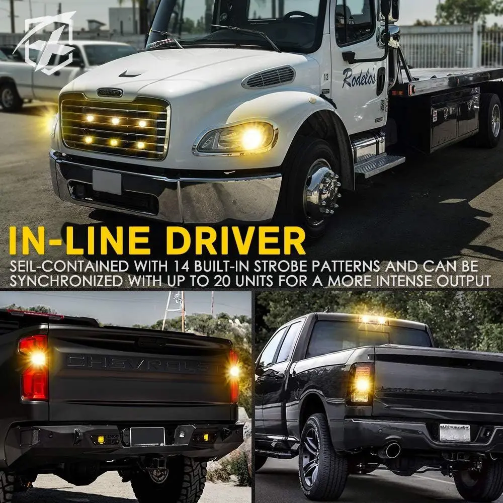 Strobe Light Kit with 14 Patterns, 4PCS White & Amber LED Grill Lights for Trucks, Surface Mount, Suitable for Work and Tow Vehi