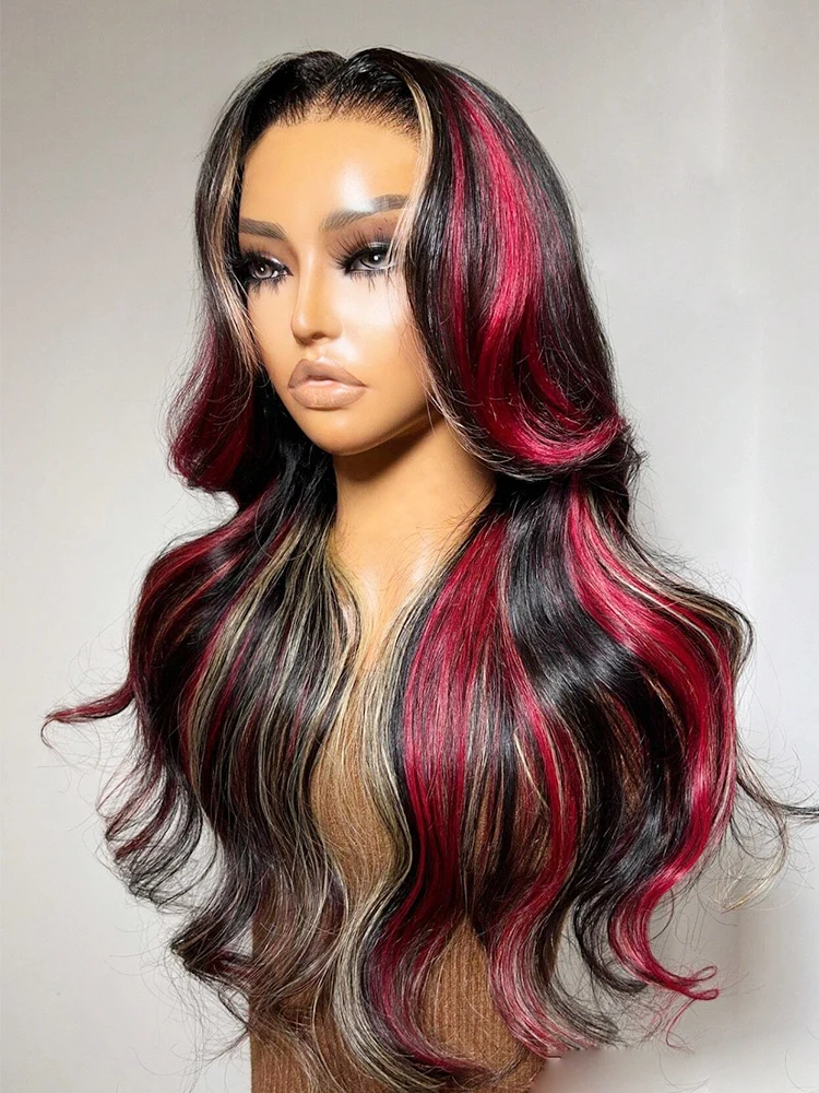 

Black Red Blonde Highlight Wig 5x5 Glueless Wigs Human Hair Wig Body Wave Balayage Wigs Human Hair Pre Plucked Colored Wig 180%