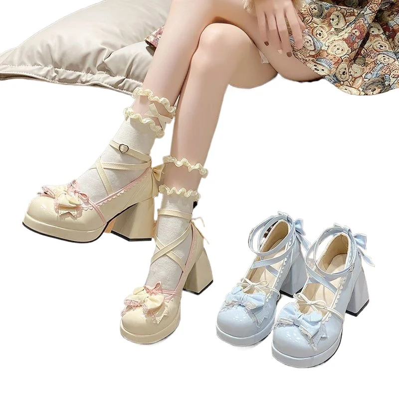 

Woman Chunky Sandals Summer Mary Janes PU Leather Shoes Retro Bow Party Platform Pumps Lolita Women High Heels