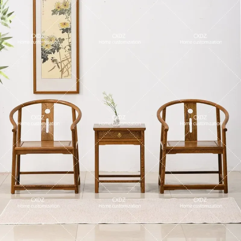 3 Piece Solid Wood Armchair Set with Coffee Table Antique Chinese Style Official Hat Chair Traditional Furniture for Living