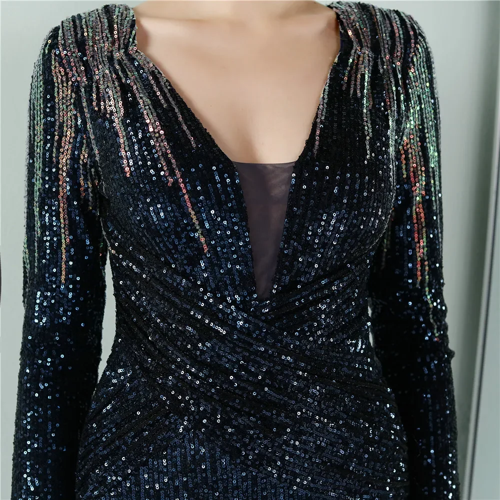 Evening Dress Navy Blue Golden Sequins Stretchy V-neck Full Sleeves Zipper Mermaid Trumpet Floor Length Women Party Formal Gown