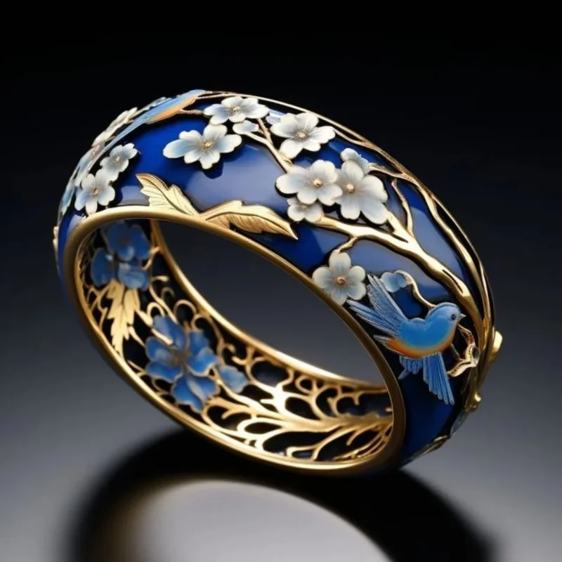 Women's Ethnic Style Blue Drip Oil Bird Floral Pwtterned Artistic Ring Elegant Vintage Banquet Festival Fine Jewelry Accessories