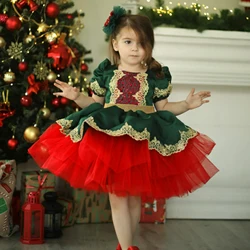 Fluffy Sequin Christmas Girl Party Dress Green Flower Birthday Carnival Costume Bow Tulle Wedding Princess Dresses Kids Clothing