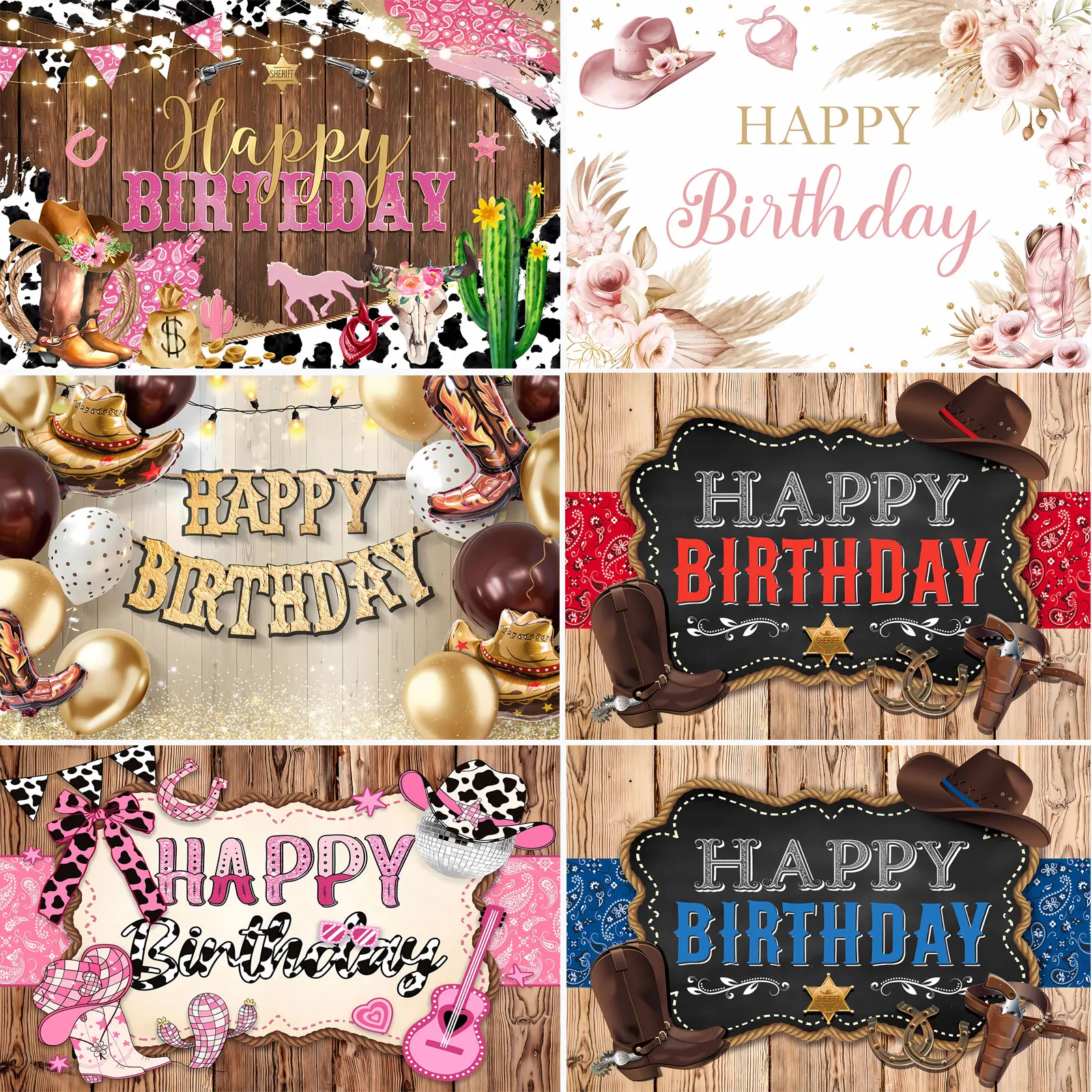 Western Cowgirl Happy Birthday Backdrop Party Banner Decorations Rustic Rodeo Boot Horse Background Photo Booth Props