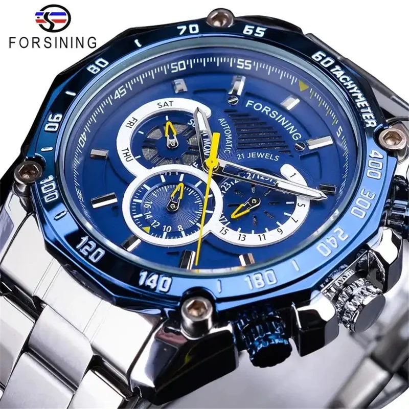 FORSINING 427G Male Watches Top Brand Luxury Automatic Sport Watch for Men Week Mechanical Wristwatches Steel Strap New 2023