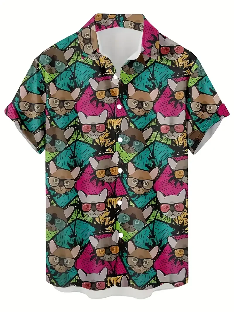 Unisex Fashion Man Shirts Cute Cat Print Casual Daily Wear 3D Print Short Sleeve Shirt 2025 Hawaiian Shirts For Men Harajuku Top