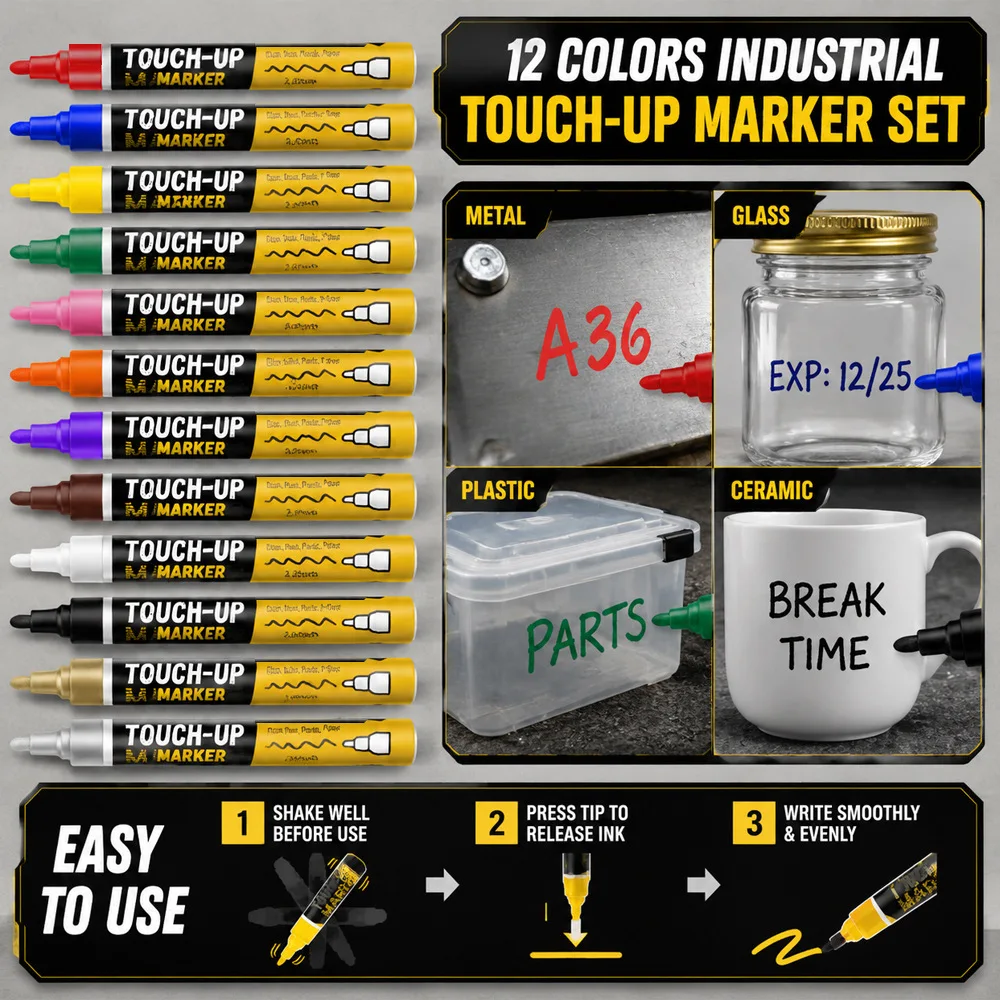12 Color Industrial Paint Markers, 2.8mm Oil-Based Permanent Pen for Bathroom Repair, Touch Up Large Capacity Multi-Surface Tool