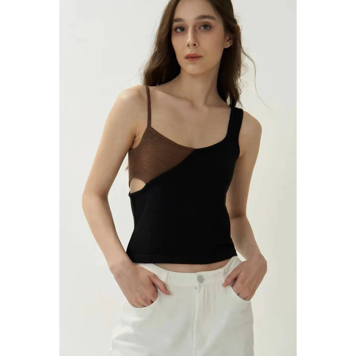 

Двухцветный вязаный шерстяной жилет с вырезами, односторонний дизайн, материал: хлопок, для повседневной носки