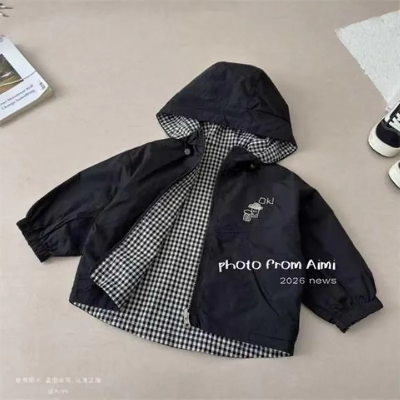 Children's Reversible Jacket Spring Autumn New Korean Style Hooded Coat Boys Girls Fashion Outerwear